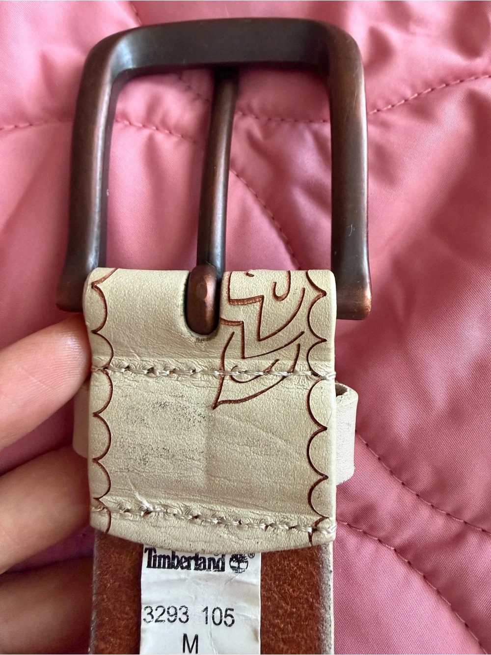 Timberland Vintage White Floral Etched Leather Belt - Size M 105